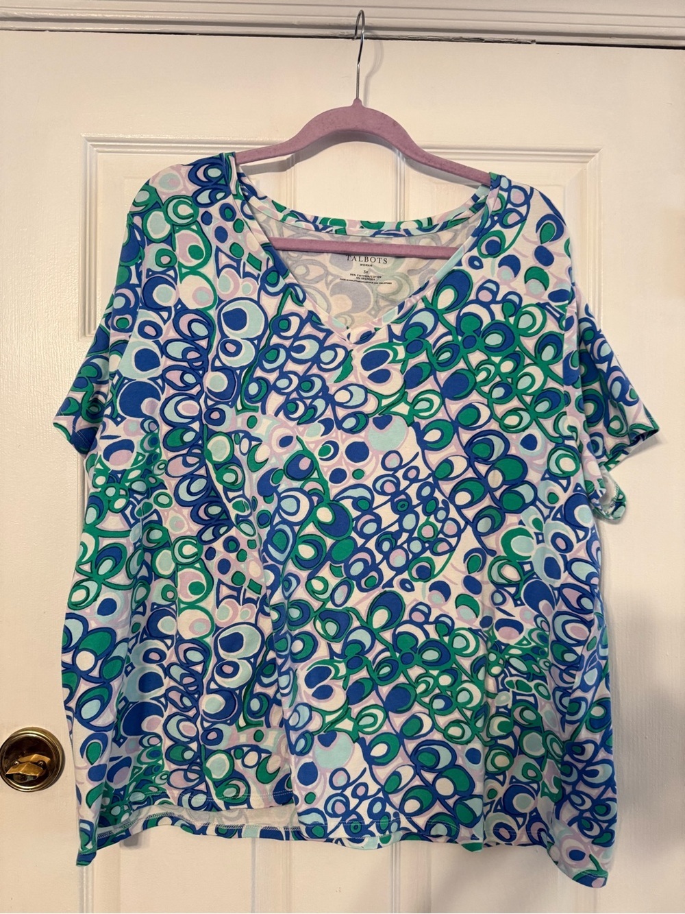 Talbots Short Sleeve V-Neck Tee in Blue, Green & White